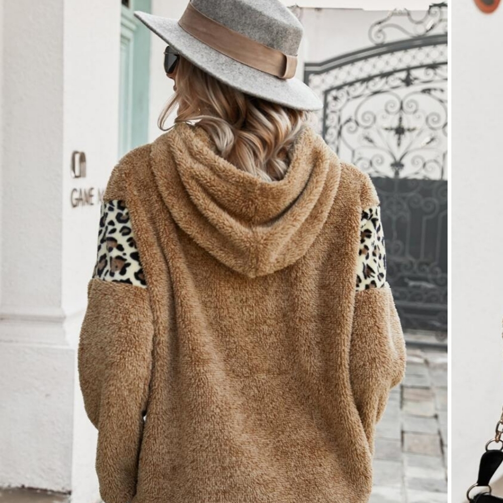 1 LEFT! MEDIUM Mocha Brown Leopard Teddy Hoodie - Picture 4 of 7